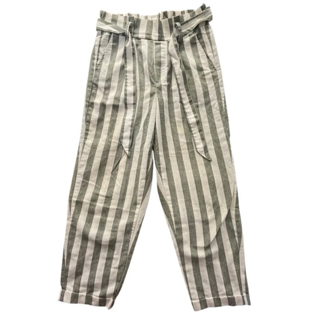 Cisono Linen Collection Striped Paperbag Waist Ankle Pants Small